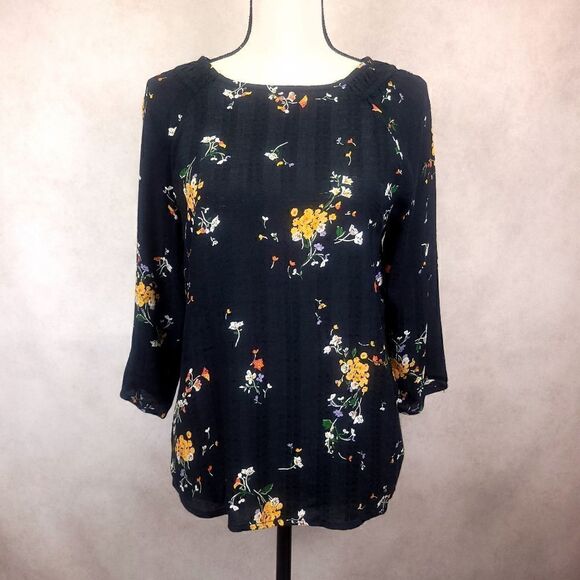 Fat Face UK Black Floral 3/4 Sleeve Blouse Sara Windswept Posy Size US 4 - Picture 1 of 11